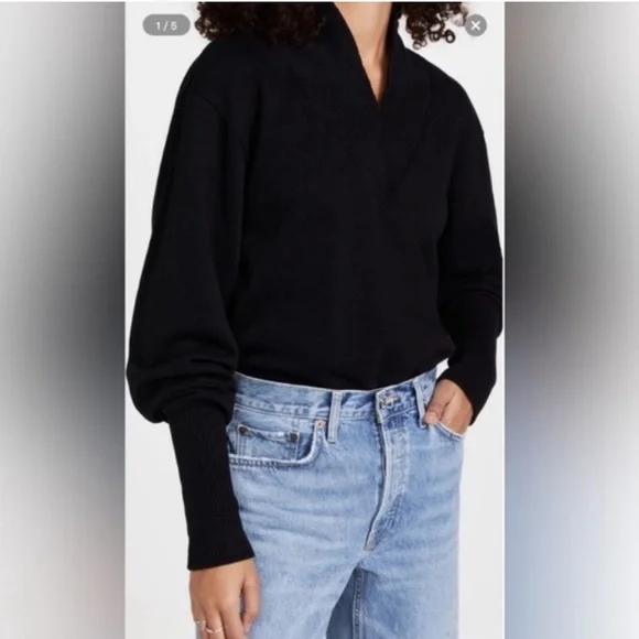 Agolde Sweatshirt Sweater Black Cotton Klara V Neck Minimalist Classic M - Picture 2 of 6